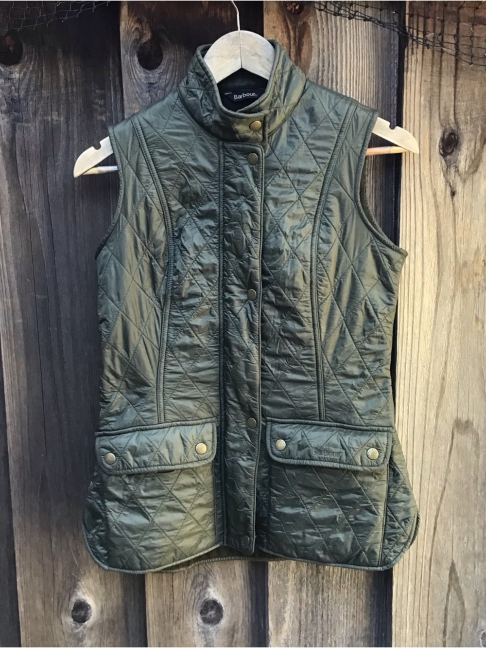 Barbour Wray Gilet Quilted Vest Olive Green Fleece Lined Snap Front Womens 4